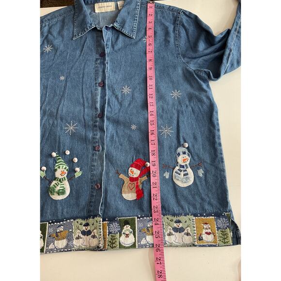 Vintage 90’s Lemon Grass Christmas Denim Shirt Top Snowman Sz Large - Picture 4 of 8